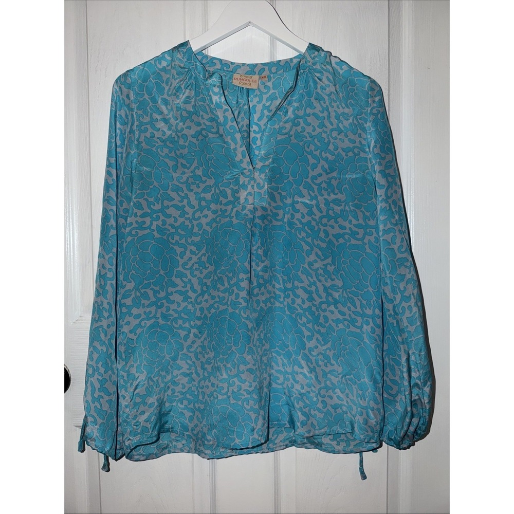 Rungolee Blue Print Floral Silk Blouse Size XS Boxy Top Balloon Sleeve